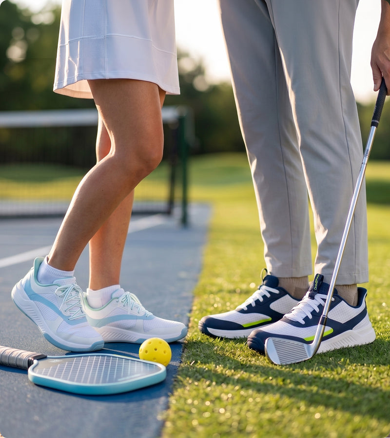 Golf & Pickleball shoes: Men's Fairway Hands-Free Golf - White/Navy/Lime (SKU: 28006, right) and the Women's Ace Pickleball Hands-Free - White/Blue/Green (SKU: 88001, left) sneakers. 