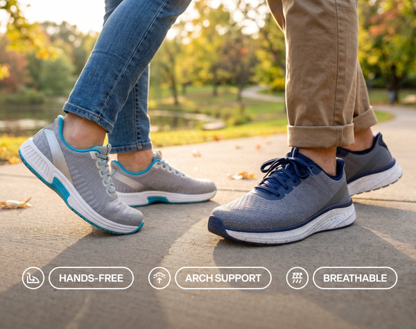 Two people outdoors wearing Kita Hands-Free - Gray/Turquoise & Tilos Hands-Free - Gray/Navy Confetti  sneakers. The scene includes feature callout badges at the bottom: hands-free, arch support, and breathable.